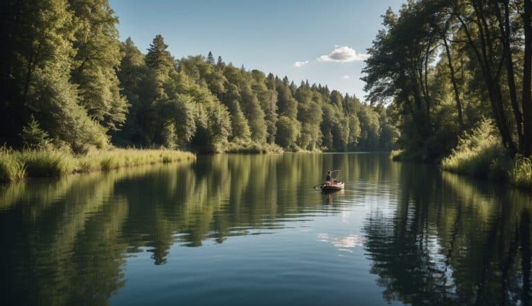 A calm river with a small boat, a fishing rod, and a beginner angler casting their line into the water, surrounded by lush green trees and a clear blue sky