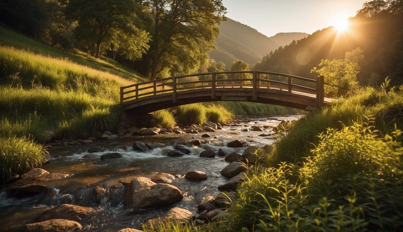 A serene river flows through a lush green valley, with a quaint wooden bridge spanning its width. The sun sets in the distance, casting a warm glow over the peaceful scene