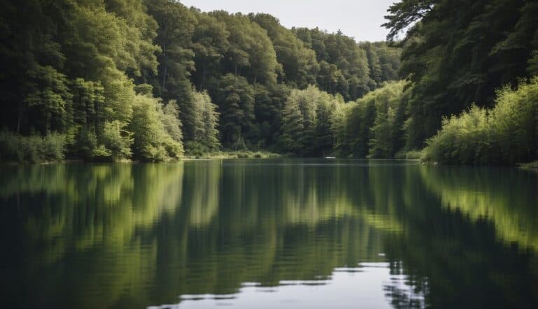 A serene lake surrounded by lush green trees, with a fishing rod resting on the water's edge and a gentle ripple on the surface