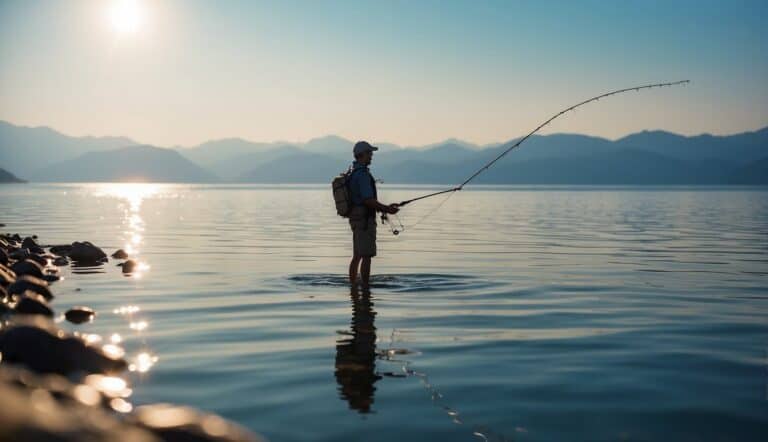 A person fishing on a tranquil, sunlit sea with a fishing rod and tackle, surrounded by calm waters and a clear blue sky