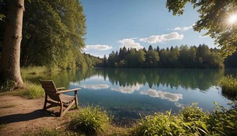 A serene lake surrounded by lush greenery, with a fishing rod and bait at the water's edge, waiting for the perfect catch