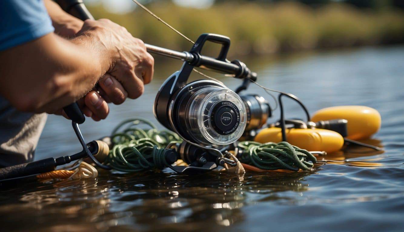 A person carefully handling fishing equipment to avoid injuries