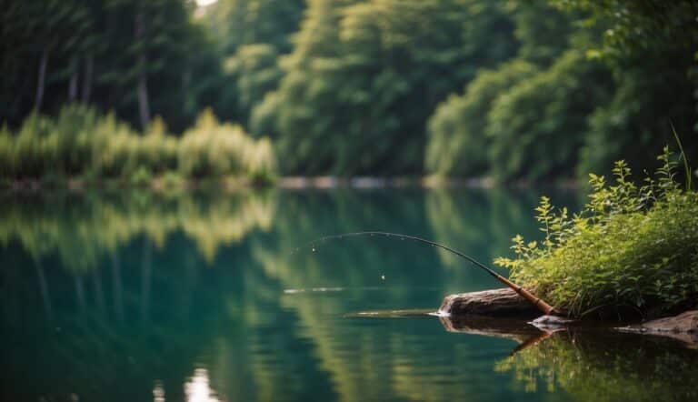 A serene lake surrounded by lush greenery, with a fishing rod cast into the water, waiting for a bite