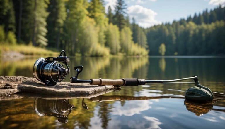 A peaceful lake reflects the surrounding trees. A fishing rod sits quietly on the shore, surrounded by a variety of sustainable fishing gear