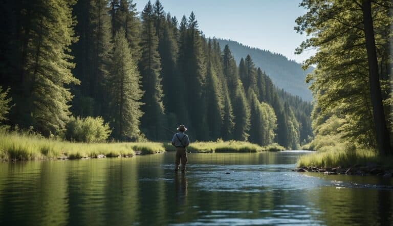 A serene river flows through a lush, green landscape as a fly fisherman casts their line into the water, surrounded by tall trees and a clear blue sky