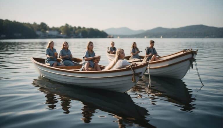 A group of angel boats navigating calm waters, with a clear sky and a serene atmosphere