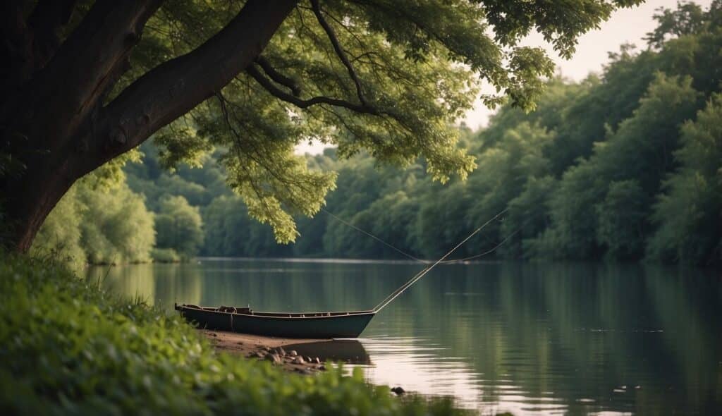 A serene riverbank with a lone fishing rod resting against a tree, surrounded by lush greenery and the gentle sound of flowing water