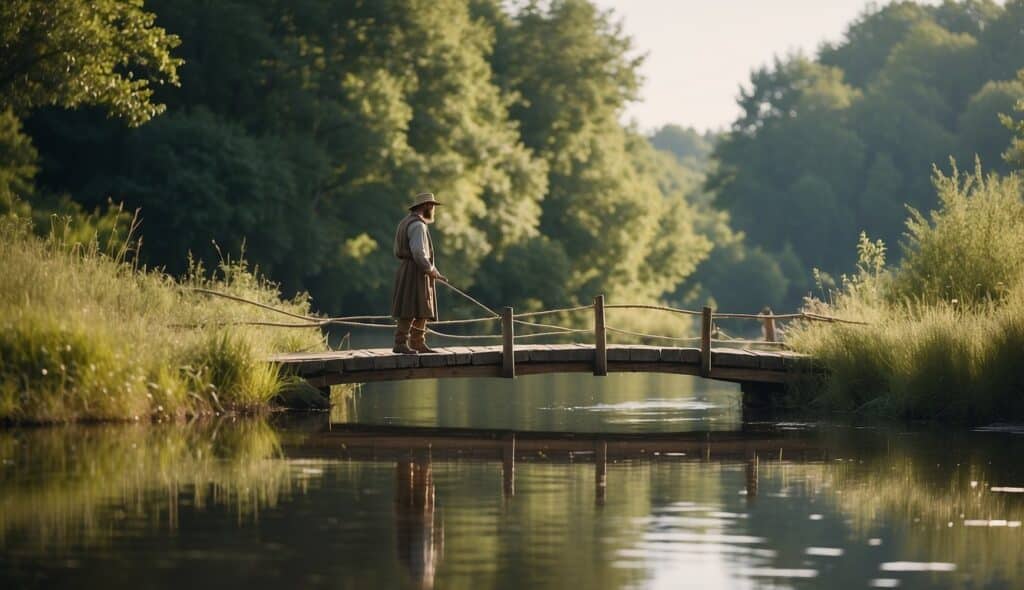 A medieval angler casts a line into a tranquil river, surrounded by lush greenery and a rustic wooden bridge in the background