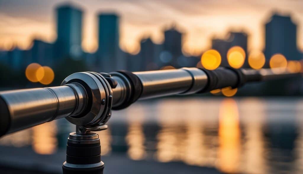 A modern fishing rod stands against a backdrop of urban buildings and a flowing river, symbolizing the history of angling in the modern world