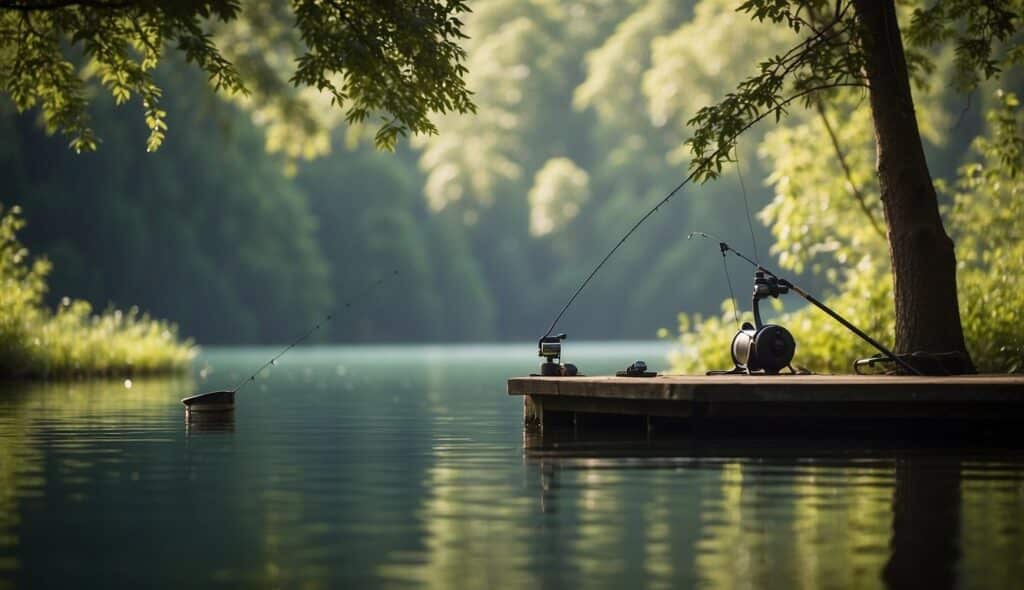 A serene lake surrounded by lush greenery, with a fishing rod and bait floating on the calm water, waiting for a bite