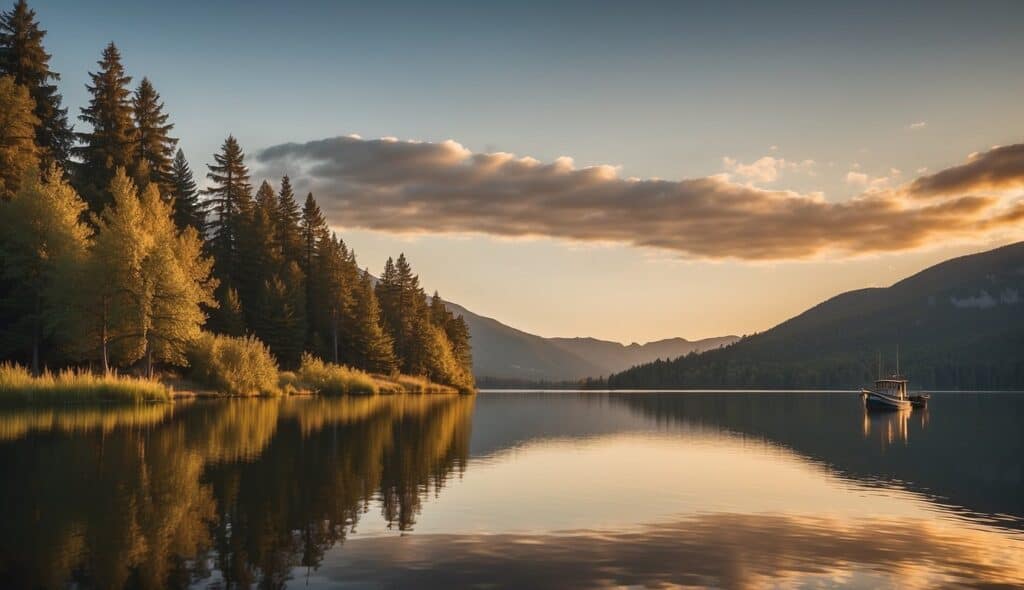 A serene lake at sunset, with a lone fishing boat casting its line into the calm waters. The surrounding trees and mountains are reflected in the glassy surface