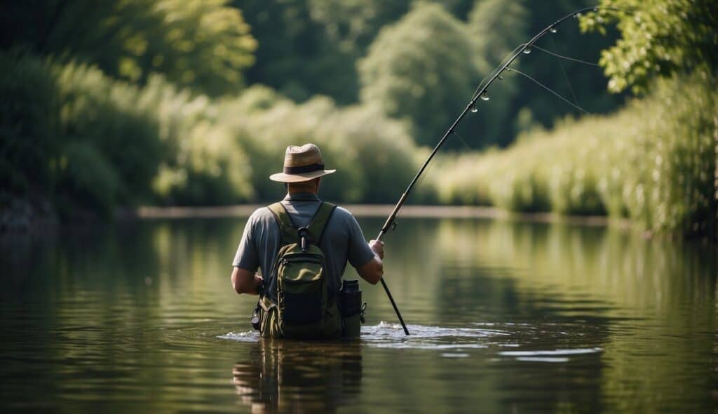 A serene German freshwater fishing scene with clear waters, lush greenery, and a fishing rod casting into the tranquil river