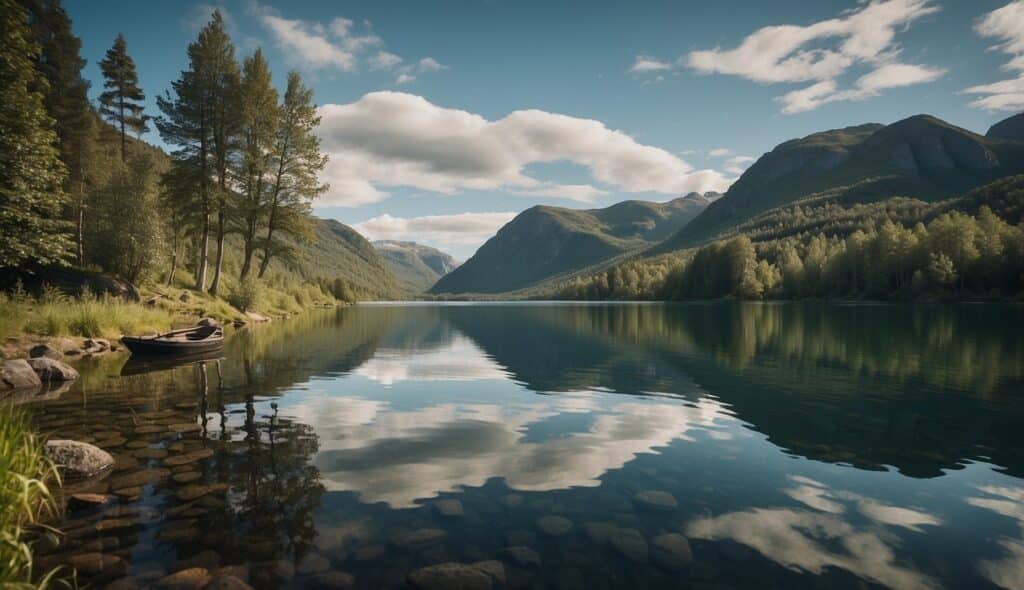 A serene lake in Norway, surrounded by lush greenery. A fishing rod is cast into the water, with ripples spreading across the surface