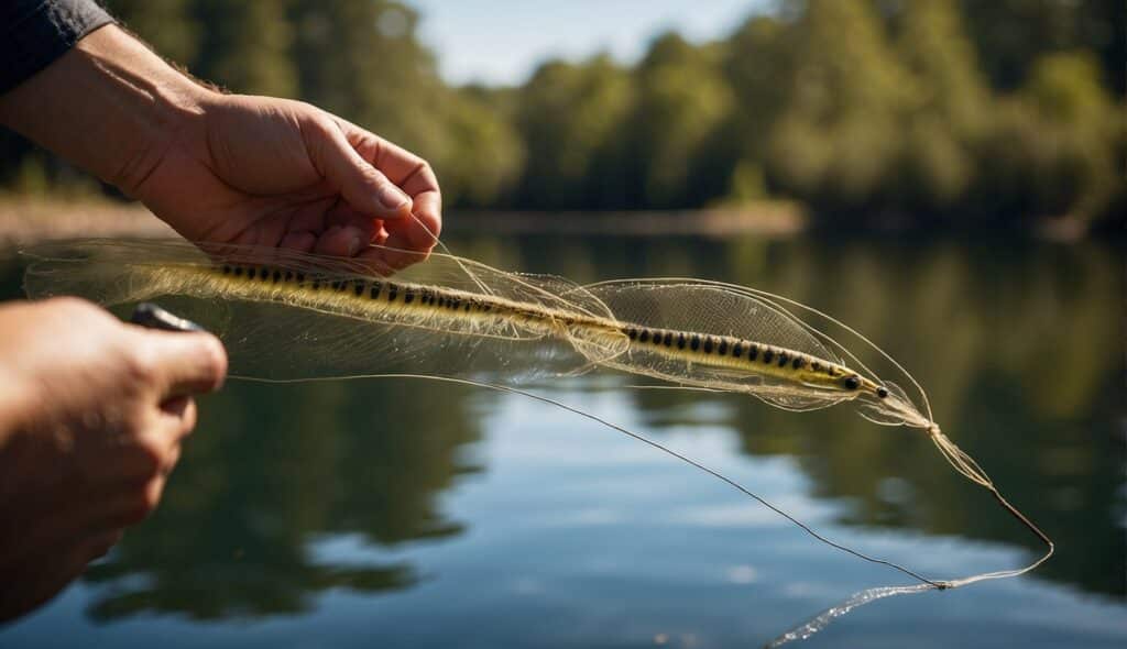 A person carefully casting a fishing line into the water, ensuring proper technique to avoid injuries