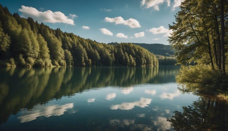 A serene lake surrounded by lush green trees, with a fishing rod casting into the calm waters of Germany