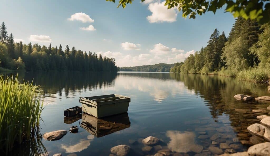 A serene lake surrounded by lush greenery, with a fishing rod and tackle box on the shore. A gentle breeze ripples the water, while birds chirp in the distance