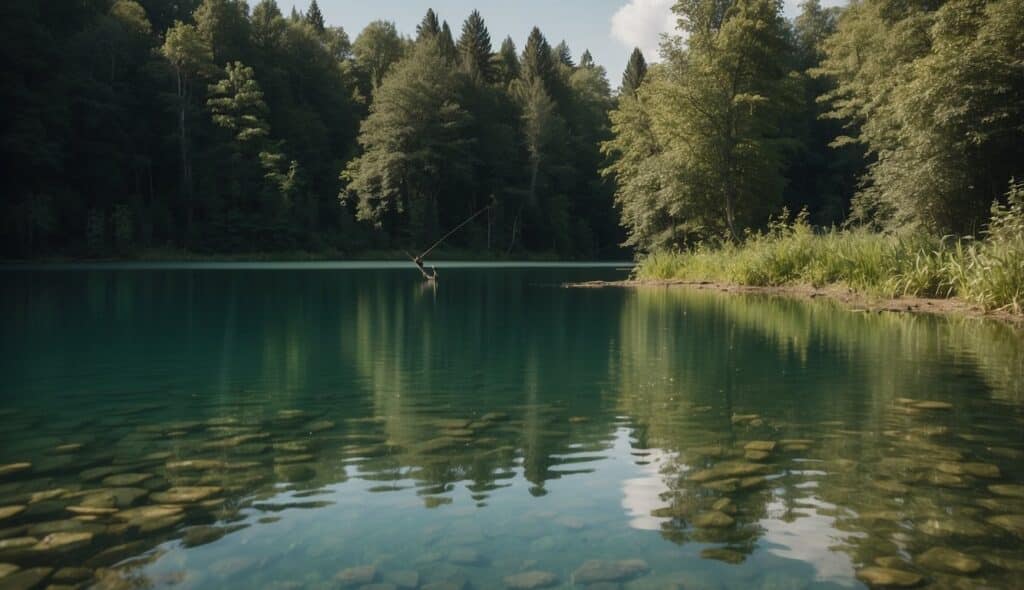 A serene lake surrounded by lush greenery, with a fishing rod and net lying on the shore. A variety of fish swimming in the clear water, and birds flying overhead