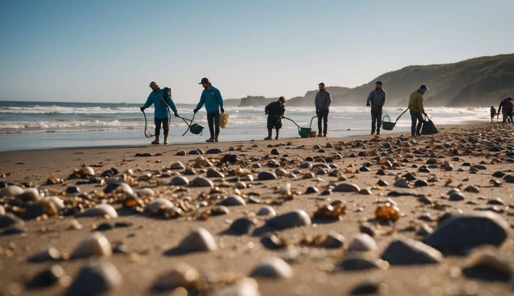 A group of people cleaning up a beach, while others are responsibly fishing and taking care of the environment