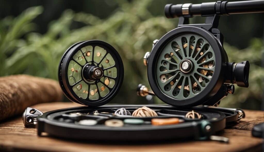 A table displays fly fishing equipment and materials