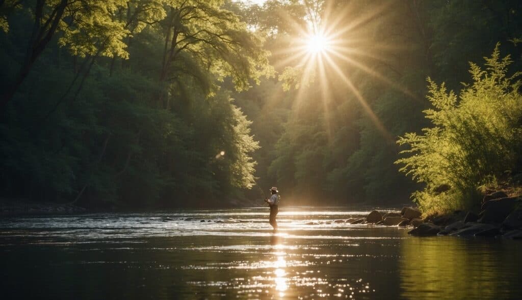 A serene river flows through a lush forest, as a fly fisherman expertly casts their line, creating graceful arcs in the air. The sunlight filters through the trees, casting a warm glow on the scene