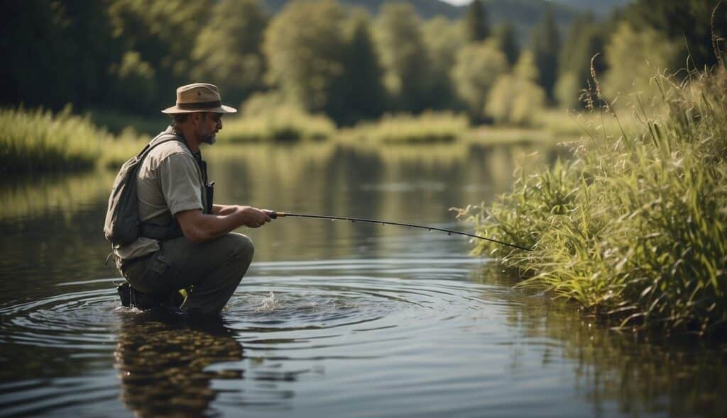 A serene river with a variety of fish and aquatic plants, a fly fisherman casting their line, and educational signs about fish and fishing techniques