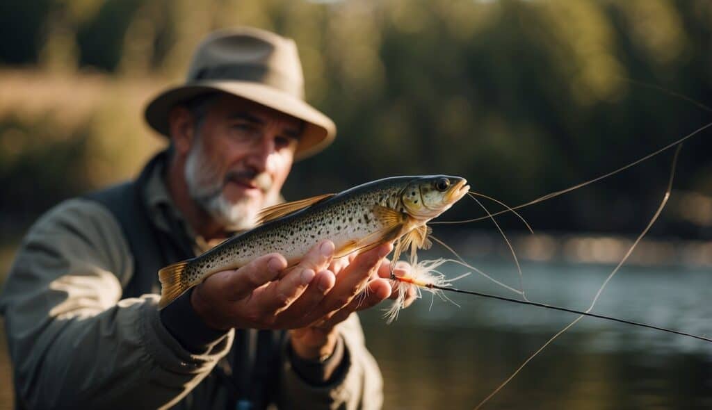 An angler expertly demonstrates advanced fly-tying techniques for fly fishing